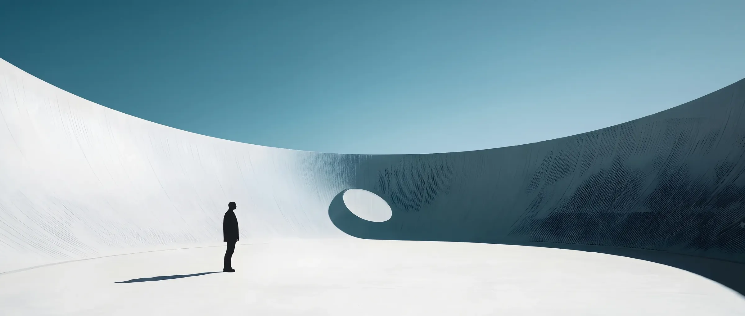 Silueta de una persona frente a una gran estructura curva con una abertura circular
